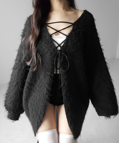レースアップリボンオーバーシャギーニットカーディガン ／ lace up ribbon over shaggy knit cardigan