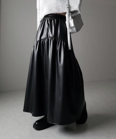 【 ２color 】メタリックフェイクレザーギャザーフレアスカート ／ metallic fake leather gather flare skirt