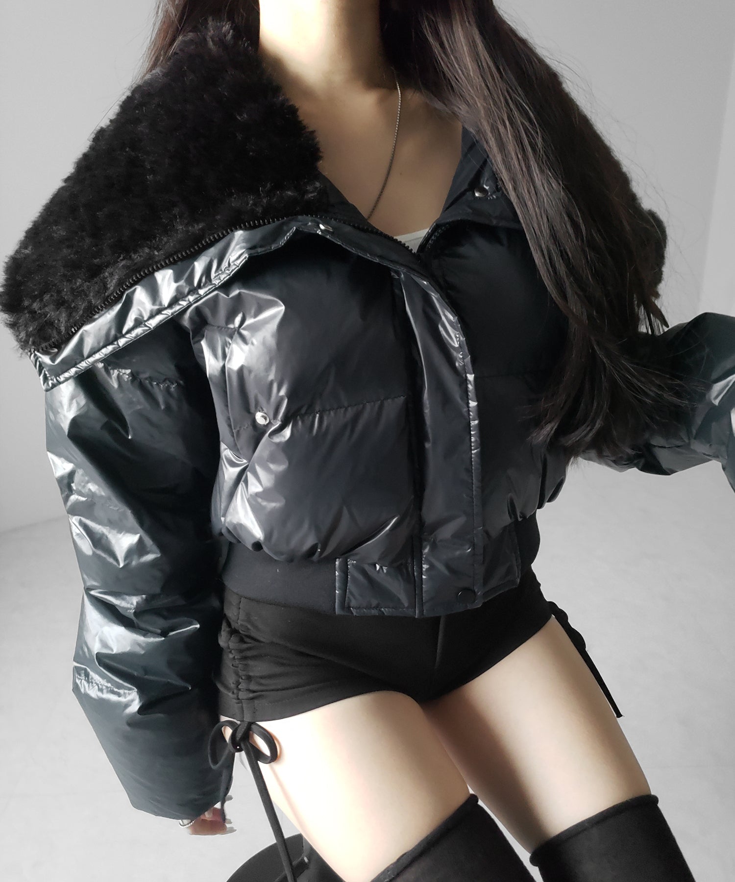 フェイクファー襟レディパフショートダウンジャケット ／ fakefur collar lady puff short down jacket