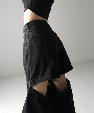 【 選べる３サイズ 】バックオープンカットアウトウォッシュワイドデニム ／ Back open cutout washed wide denim