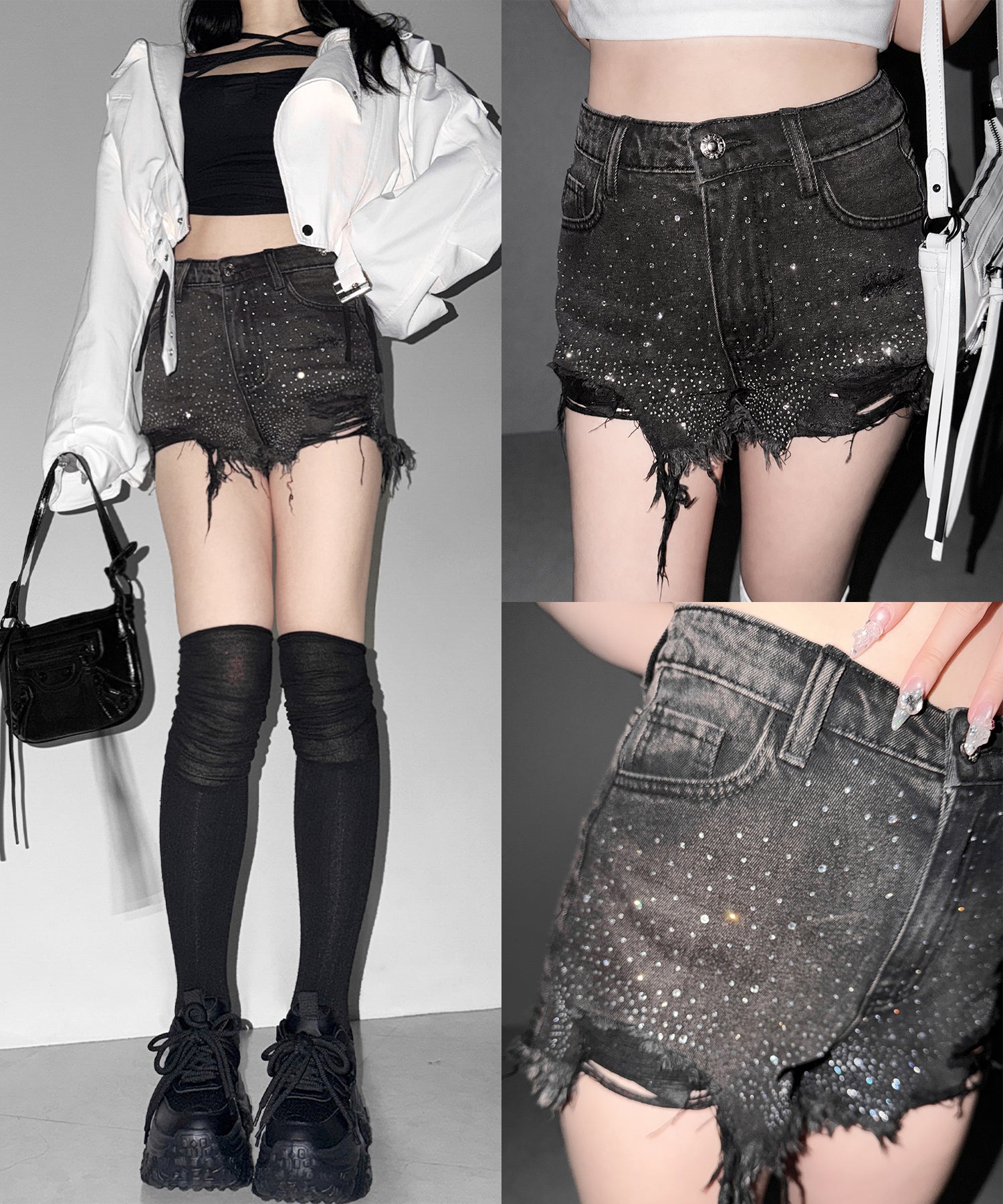 ラインストーンクラッシュダメージデニムショートパンツ／Rhinestone crash damage denim short pants