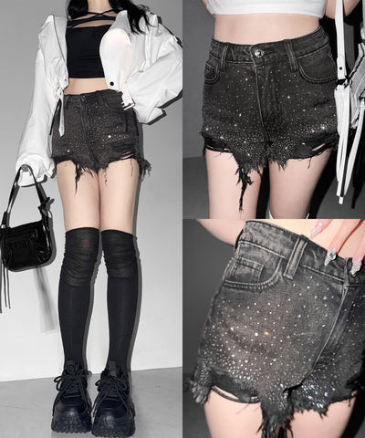 ラインストーンクラッシュダメージデニムショートパンツ／Rhinestone crash damage denim short pants