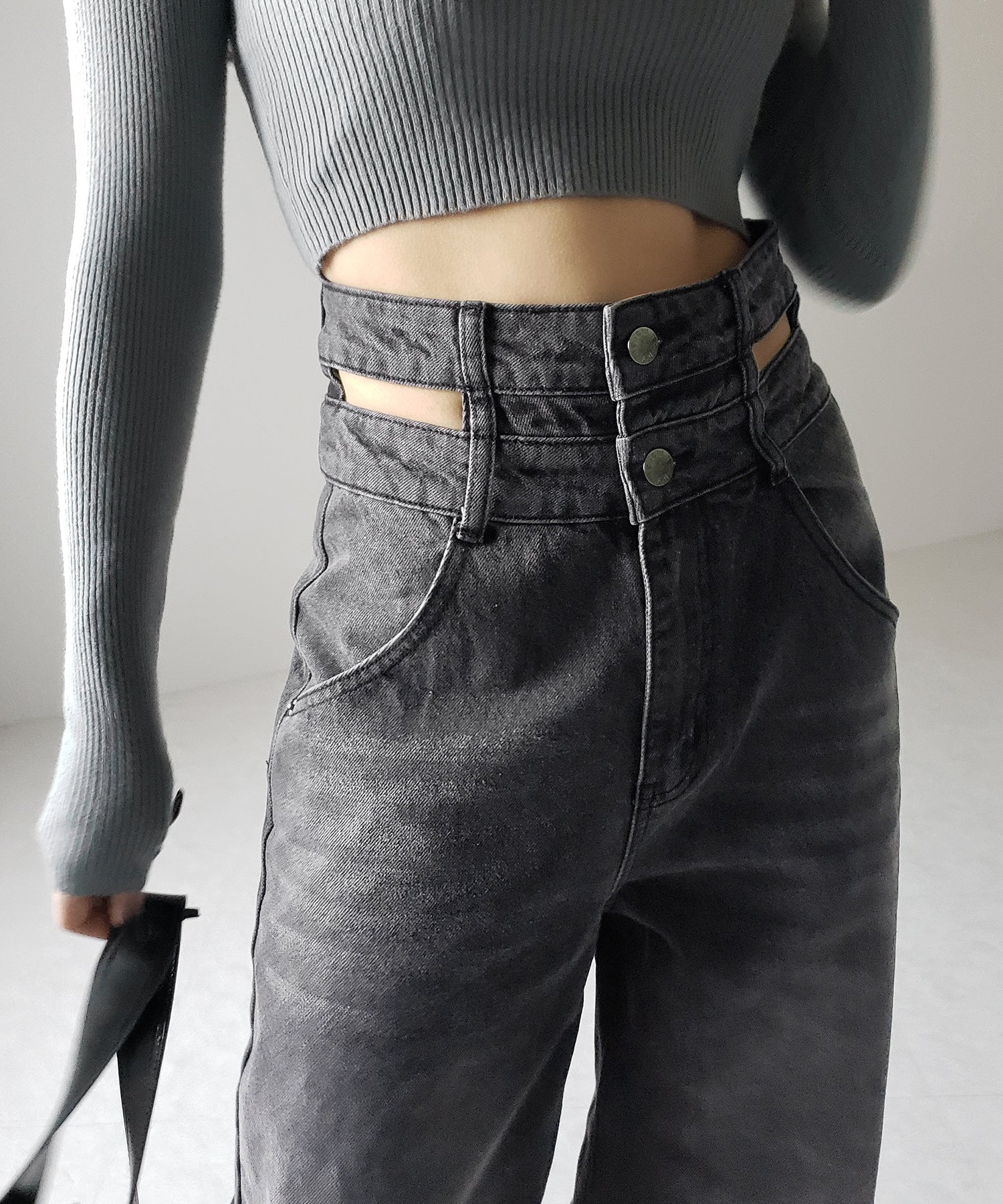 【２color ／４size 】カットアウトダブルハイウエストワイドデニム ／　cutout double high waist wide denim