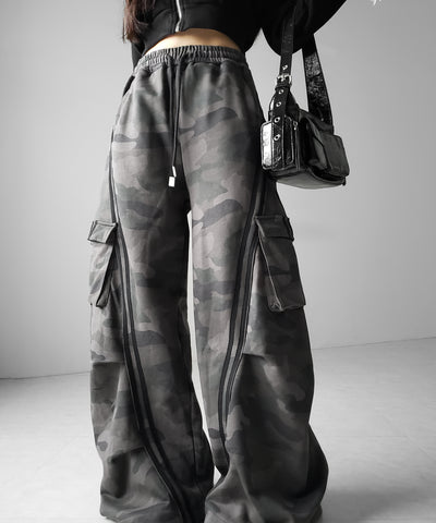 【 裾絞り可能２WAY 】カモフラヴィンテージサイドラインタックワイドスウェットパンツ ／ camouflage vintage side line tuck wide sweatpants