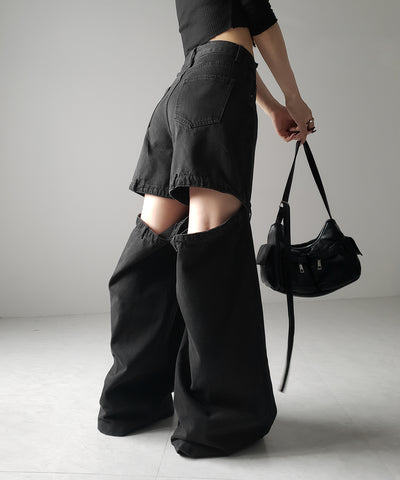 【 選べる３サイズ 】バックオープンカットアウトウォッシュワイドデニム ／ Back open cutout washed wide denim