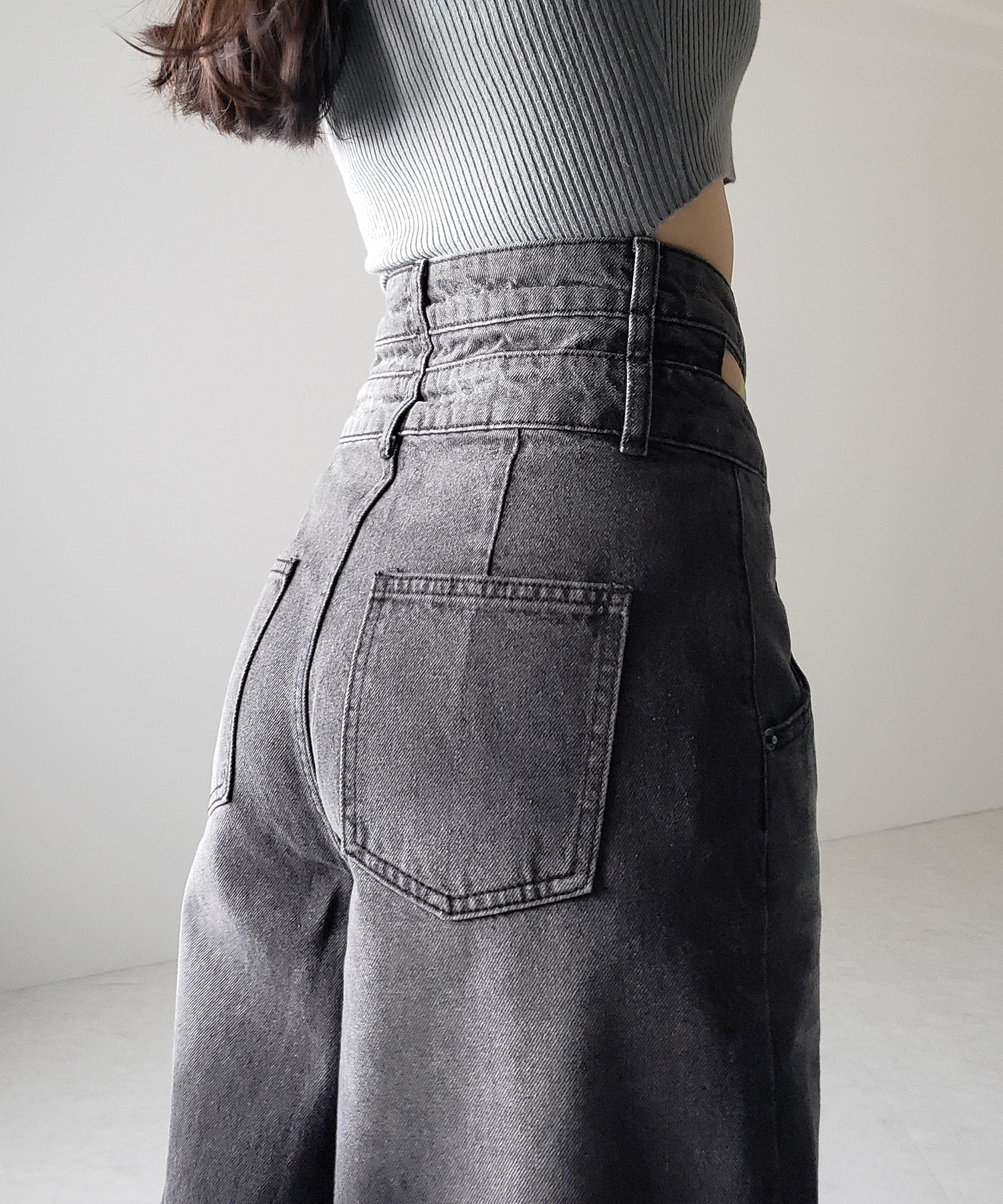 【２color ／４size 】カットアウトダブルハイウエストワイドデニム ／　cutout double high waist wide denim