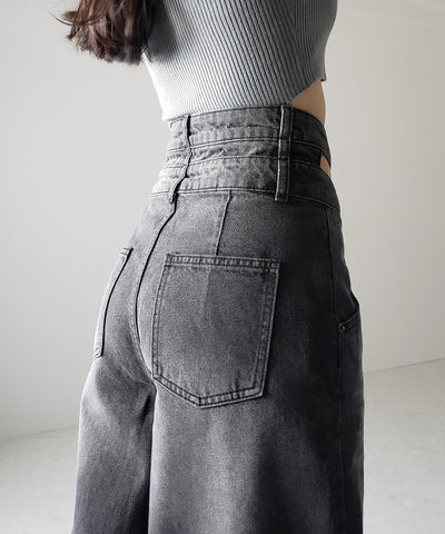 【２color ／４size 】カットアウトダブルハイウエストワイドデニム ／　cutout double high waist wide denim