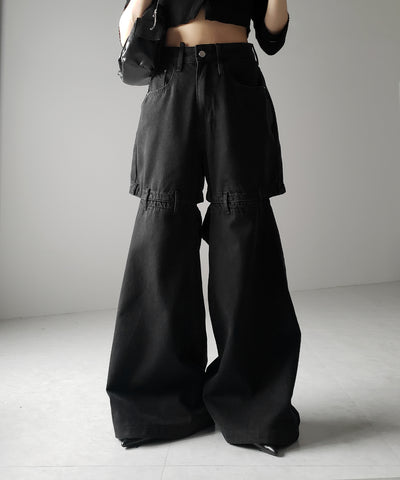 【 選べる３サイズ 】バックオープンカットアウトウォッシュワイドデニム ／ Back open cutout washed wide denim