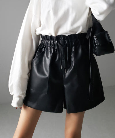 【 ４COLOR 】ハイウエストシャーリングレザーショートパンツ
