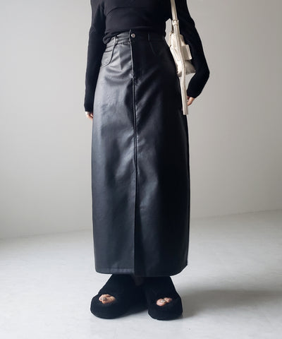 【 ３color ／ ３size 】フロントスリットヴィンテージフェイクレザースカート