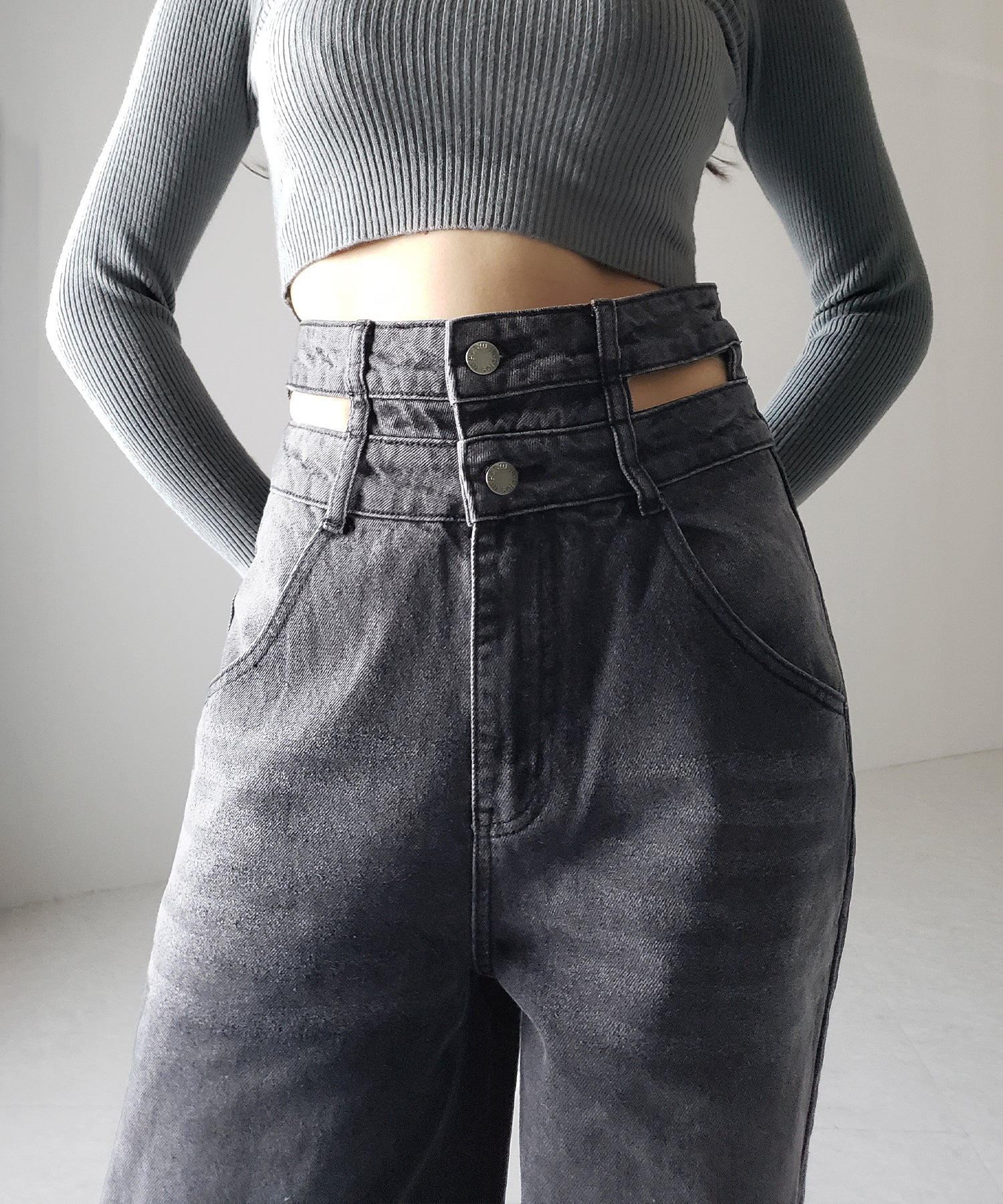 【２color ／４size 】カットアウトダブルハイウエストワイドデニム ／　cutout double high waist wide denim