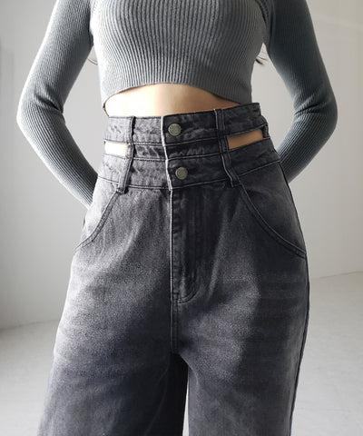 【２color ／４size 】カットアウトダブルハイウエストワイドデニム ／　cutout double high waist wide denim