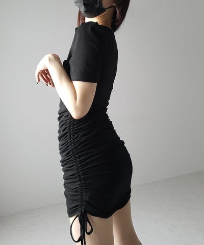 【 ２color 】シャーリングリボンヘンリーネックミニワンピース ／ shirring ribbon henley neck mini onepiece