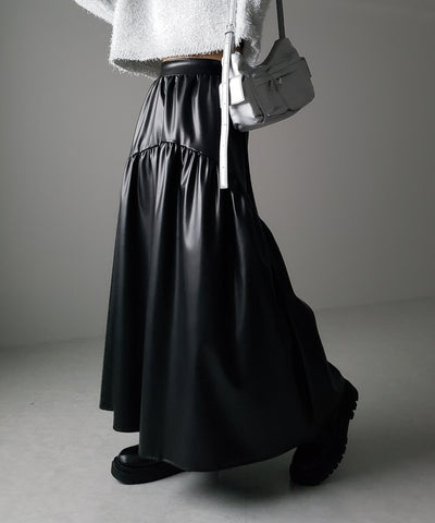 【 ２color 】メタリックフェイクレザーギャザーフレアスカート ／ metallic fake leather gather flare skirt