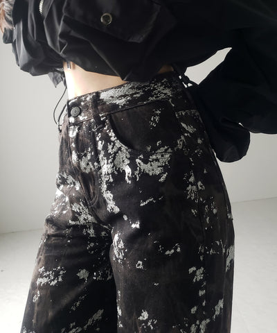 【 ３SIZE 】箔プリントブリーチヴィンテージワイドデニム ／ Foil print bleached vintage wide denim