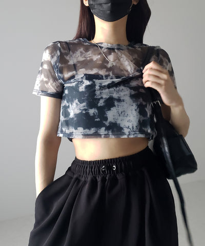 【 選べる３color／２size 】ニュアンスタイダイシースルーショート丈トップス