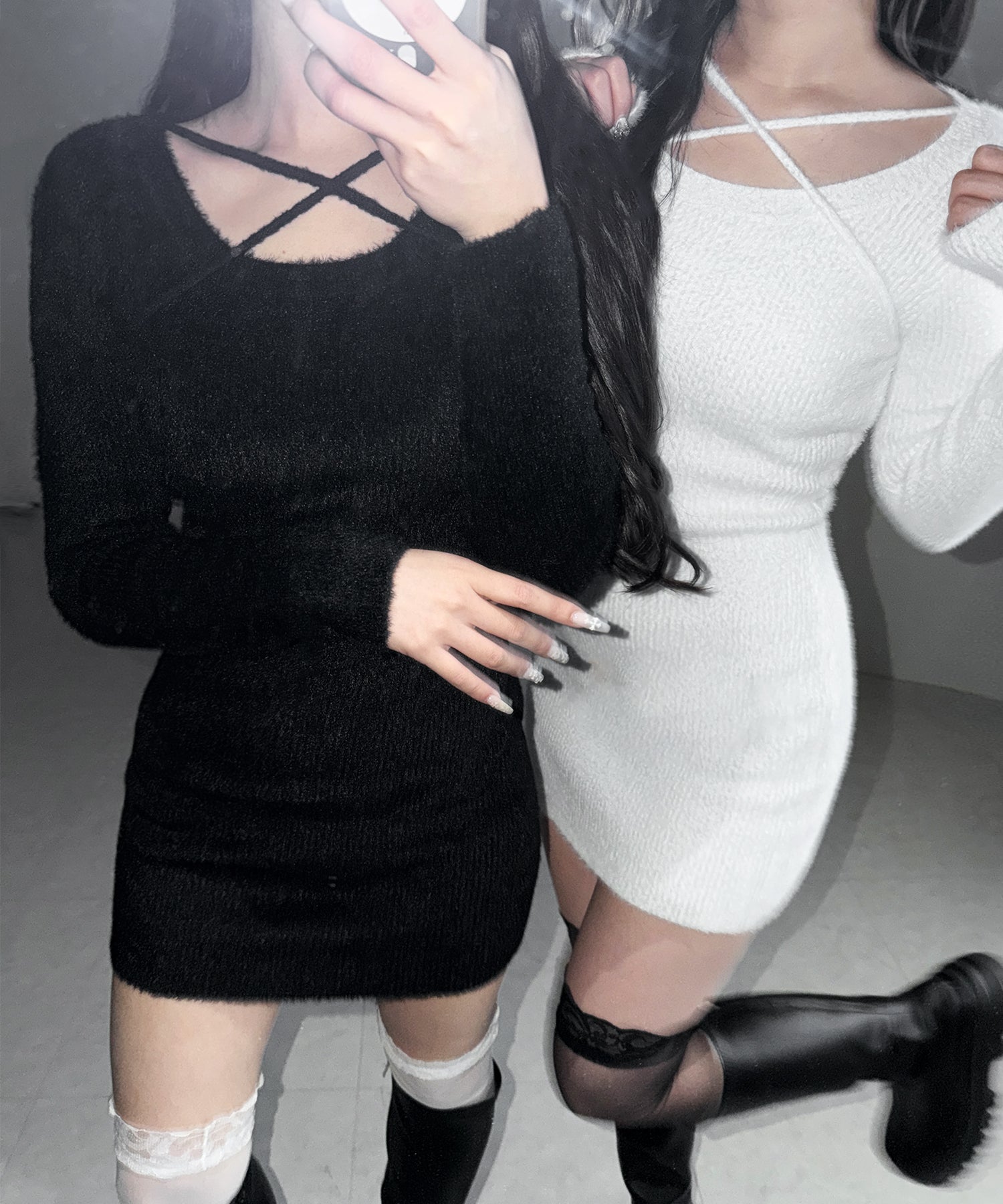 クロスストラップシャギーニットミニワンピース ／ cross strap shaggy knit mini onepiece