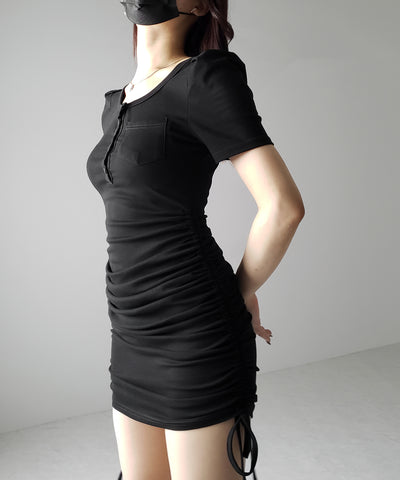 【 ２color 】シャーリングリボンヘンリーネックミニワンピース ／ shirring ribbon henley neck mini onepiece