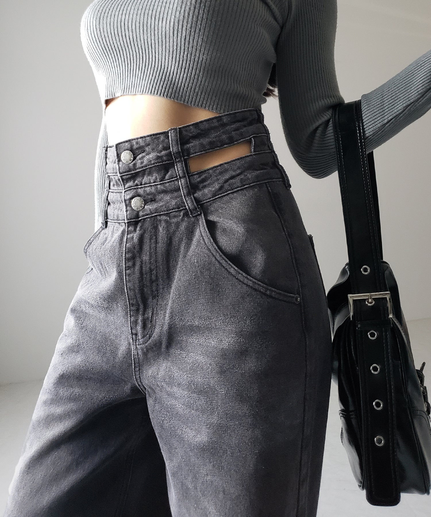 【２color ／４size 】カットアウトダブルハイウエストワイドデニム ／　cutout double high waist wide denim