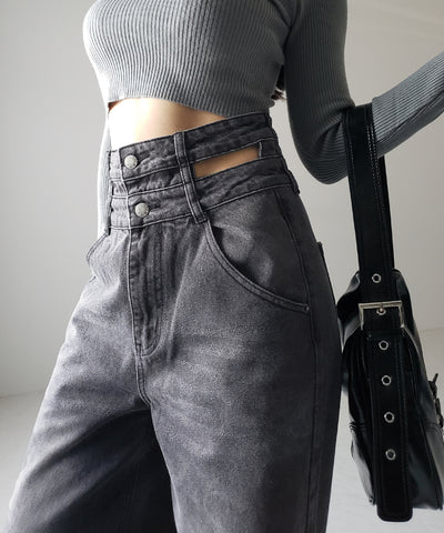 【２color ／４size 】カットアウトダブルハイウエストワイドデニム ／　cutout double high waist wide denim