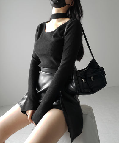 【 ２color 】チョーカーリブニットトップス ／choker lib knit tops