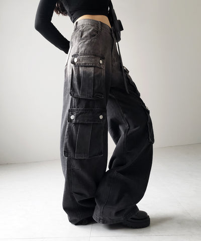 【 ３color ／４size 】オーバーダイグラデーションヴィンテージワイドカーゴデニム ／ overdyed gradation vintage wide cargo denim