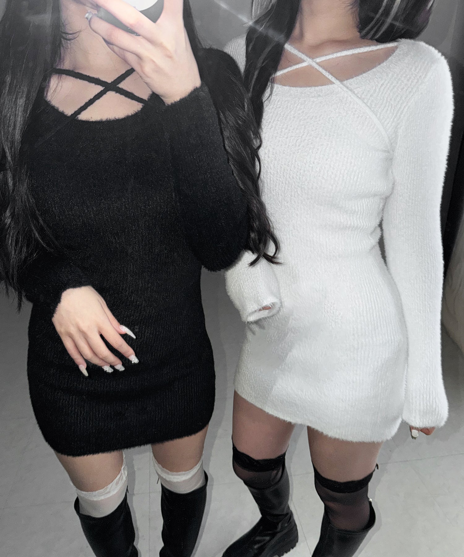 クロスストラップシャギーニットミニワンピース ／ cross strap shaggy knit mini onepiece