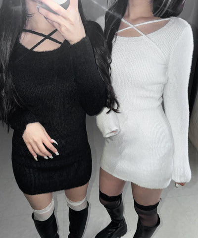 クロスストラップシャギーニットミニワンピース ／ cross strap shaggy knit mini onepiece