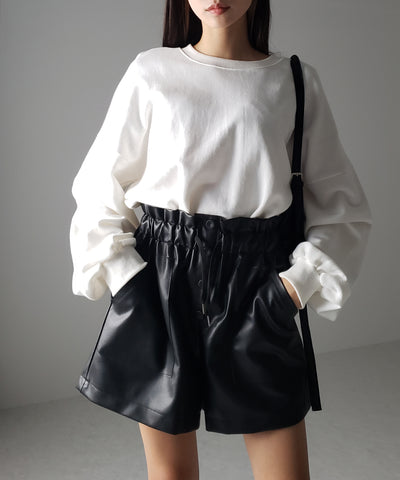 【 ４COLOR 】ハイウエストシャーリングレザーショートパンツ