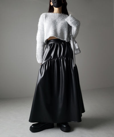【 ２color 】メタリックフェイクレザーギャザーフレアスカート ／ metallic fake leather gather flare skirt
