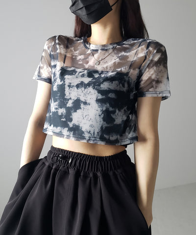 【 選べる３color／２size 】ニュアンスタイダイシースルーショート丈トップス