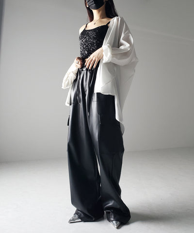 【 ４size／２color 】２WAY フェイクレザーワイドカーゴパンツ
