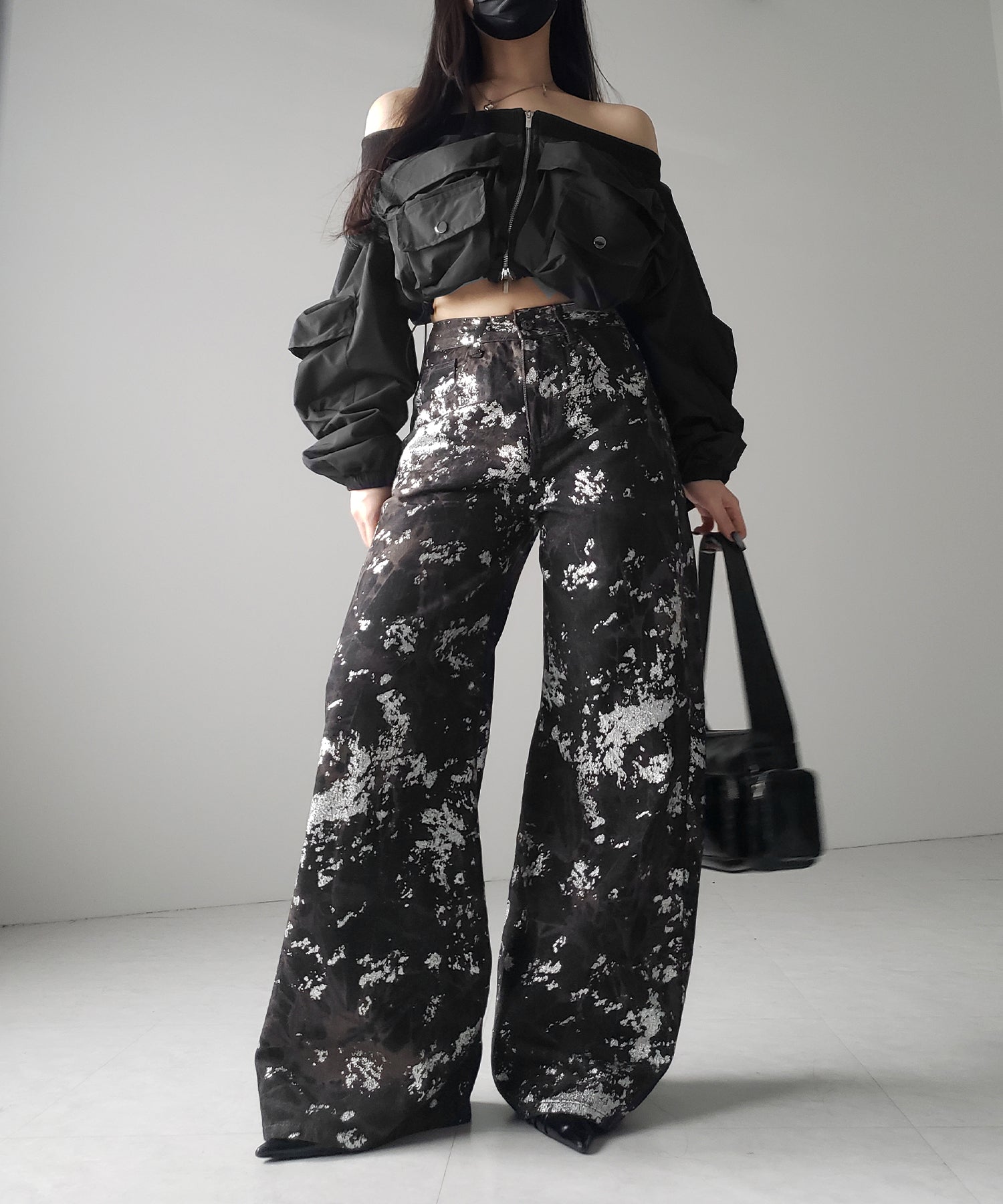【 ３SIZE 】箔プリントブリーチヴィンテージワイドデニム ／ Foil print bleached vintage wide denim