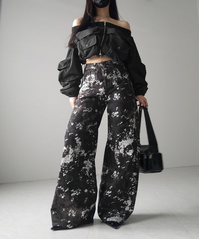 【 ３SIZE 】箔プリントブリーチヴィンテージワイドデニム ／ Foil print bleached vintage wide denim