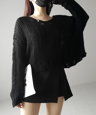 【 ３color 】Ｖネック透かし編みダメージルーズニット