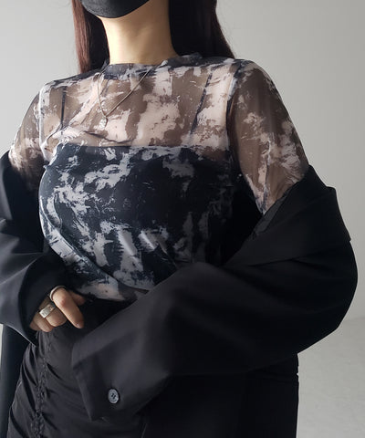 【 選べる３color／２size 】ニュアンスタイダイシースルー長袖トップス