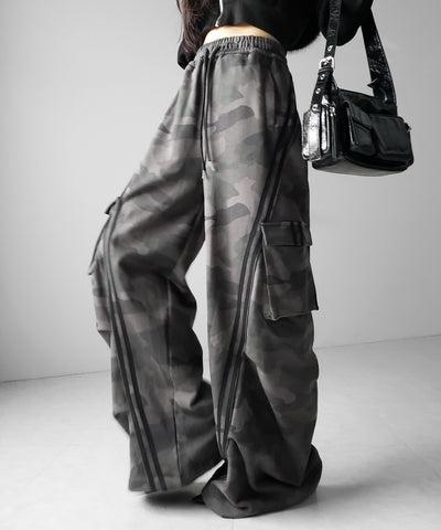 【 裾絞り可能２WAY 】カモフラヴィンテージサイドラインタックワイドスウェットパンツ ／ camouflage vintage side line tuck wide sweatpants