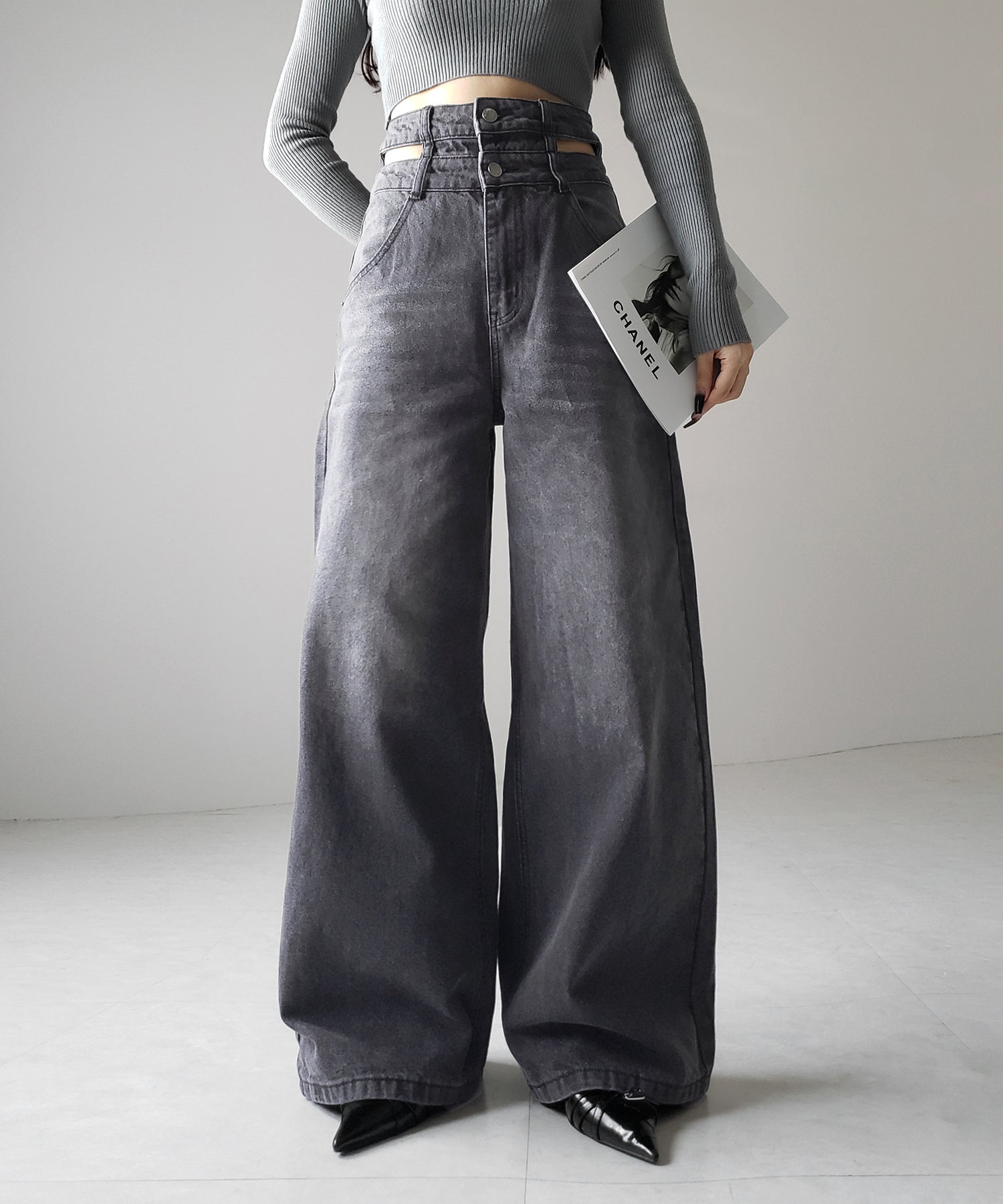 【２color ／４size 】カットアウトダブルハイウエストワイドデニム ／　cutout double high waist wide denim