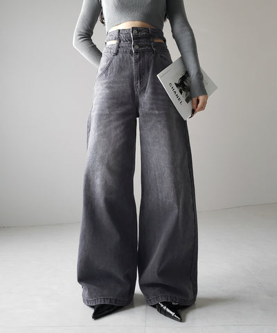【２color ／４size 】カットアウトダブルハイウエストワイドデニム ／　cutout double high waist wide denim