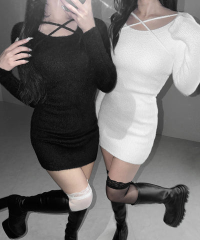 クロスストラップシャギーニットミニワンピース ／ cross strap shaggy knit mini onepiece