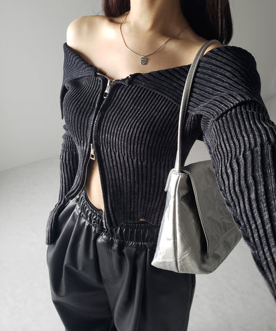 【 ３color 】ダブルジップスリットオフショルリブニット
