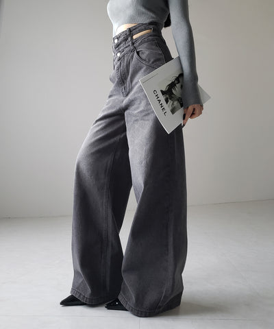 【２color ／４size 】カットアウトダブルハイウエストワイドデニム ／　cutout double high waist wide denim