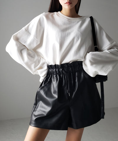 【 ４COLOR 】ハイウエストシャーリングレザーショートパンツ