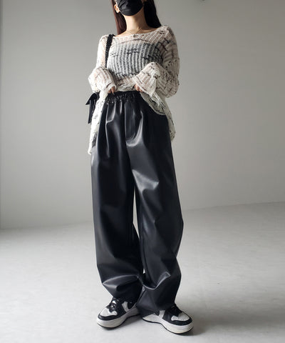 【 ４size／２color 】ドロストフェイクレザーボリュームワイドパンツ