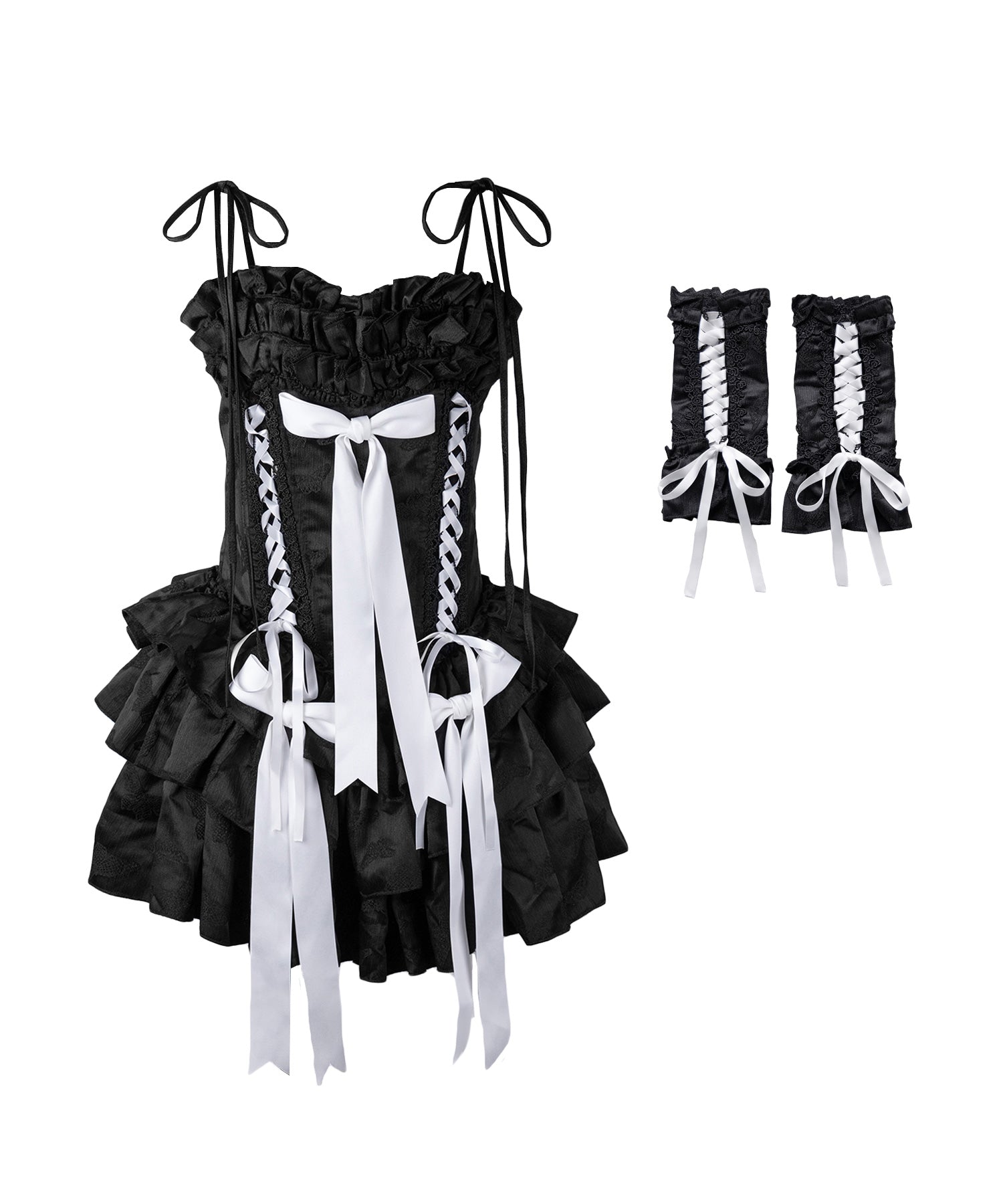 【 限定先行販売 】【 arm cover SET 】 shoulder ribbon lace up volume frill mini onepiece dress