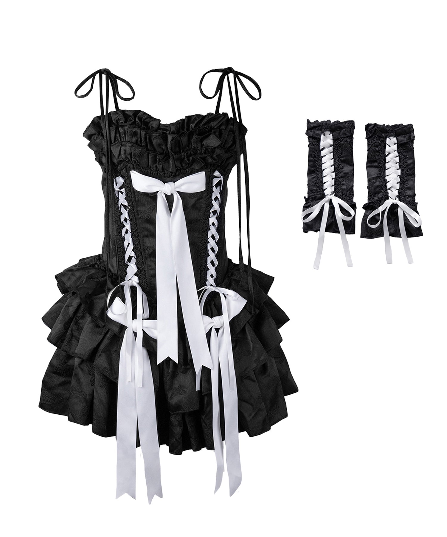 【 アームカバー付き 】ショルダーリボンレースアップボリュームフリルミニワンピドレス ／ 【 arm cover SET 】 shoulder ribbon lace up volume frill mini onepiece dress
