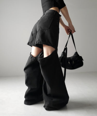 【 選べる３サイズ 】バックオープンカットアウトウォッシュワイドデニム ／ Back open cutout washed wide denim