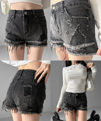クラッシュダメージダブルフリンジデニムショートパンツ／crash damage double fringe denim short pants