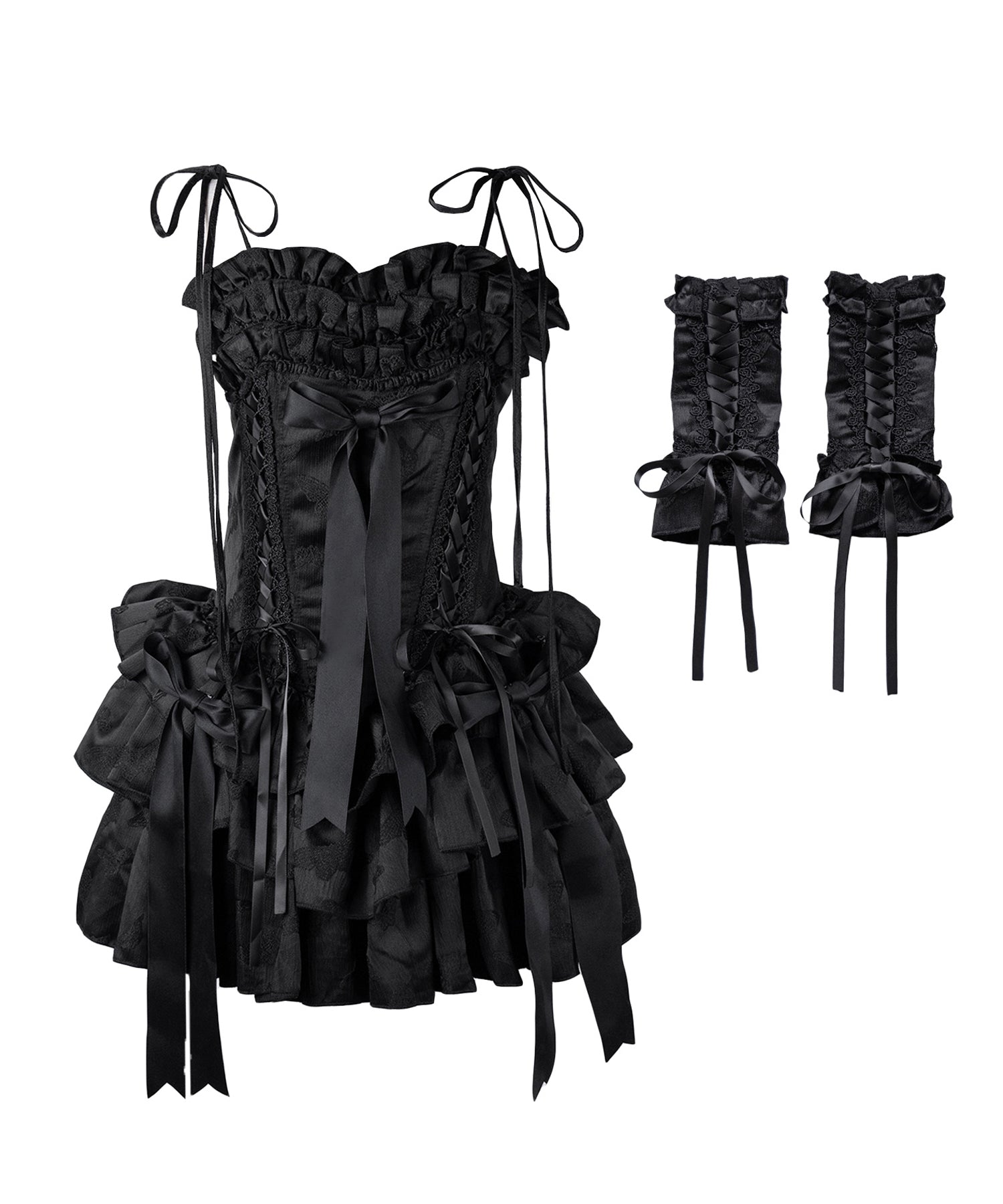 【 アームカバー付き 】ショルダーリボンレースアップボリュームフリルミニワンピドレス ／ 【 arm cover SET 】 shoulder ribbon lace up volume frill mini onepiece dress