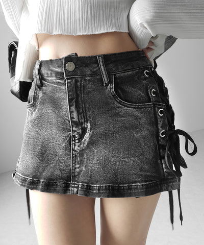 【 インパン裏地付き 】レースアップマイクロデニムミニスカパン ／ Lace-up micro denim mini skirt pants